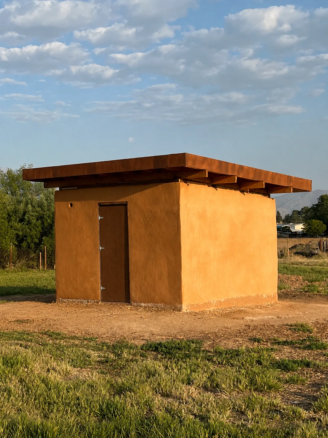 A Littlest Big Farm with earthen walls in warm evening light